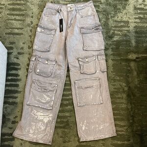 Fashion Nova Silver Foil Baggy Cargo Jeans